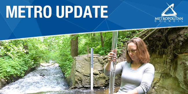 Metro Update banner with photo of female monitoring water quality in a stream