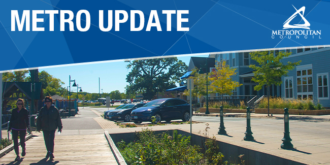 Metro Update banner photo: Women walking on trail near Boatwork Commons mixed-use development in White Bear Lake.