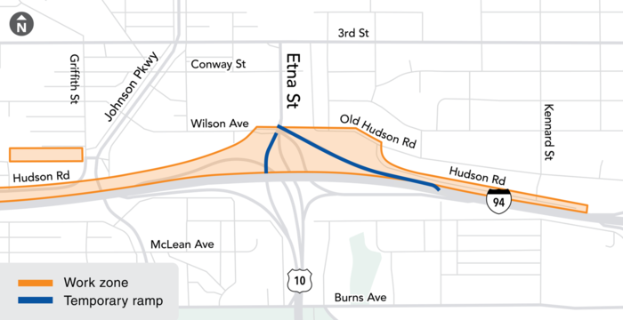 Map of work zone including stormwater pond work and temporary ramp in St. Paul