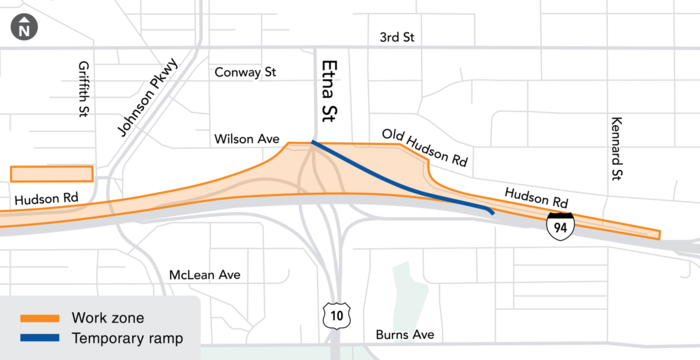 Map of work zone and temporary ramp near Etna in east St. Paul