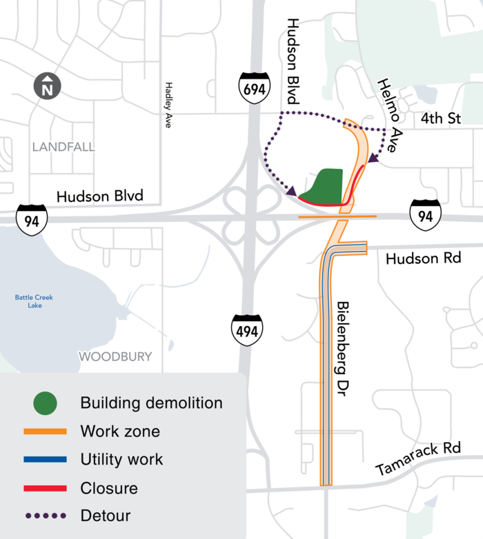 Map of Oakdale and Woodbury construction and traffic impacts