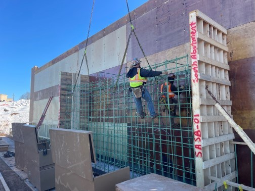 Photo: Crews install rebar at the south bridge abutment in Woodbury.