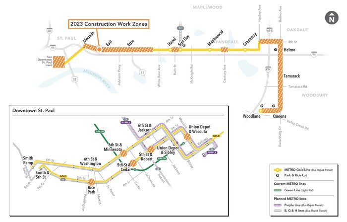 Gold Line overview map with construction zones in downtown, east St. Paul, Oakdale and Woodbury
