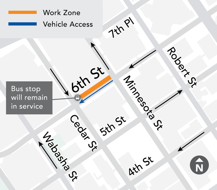 Map of Gold Line construction in downtown St. Paul - work zone on 6th St. between Cedar and Minnesota