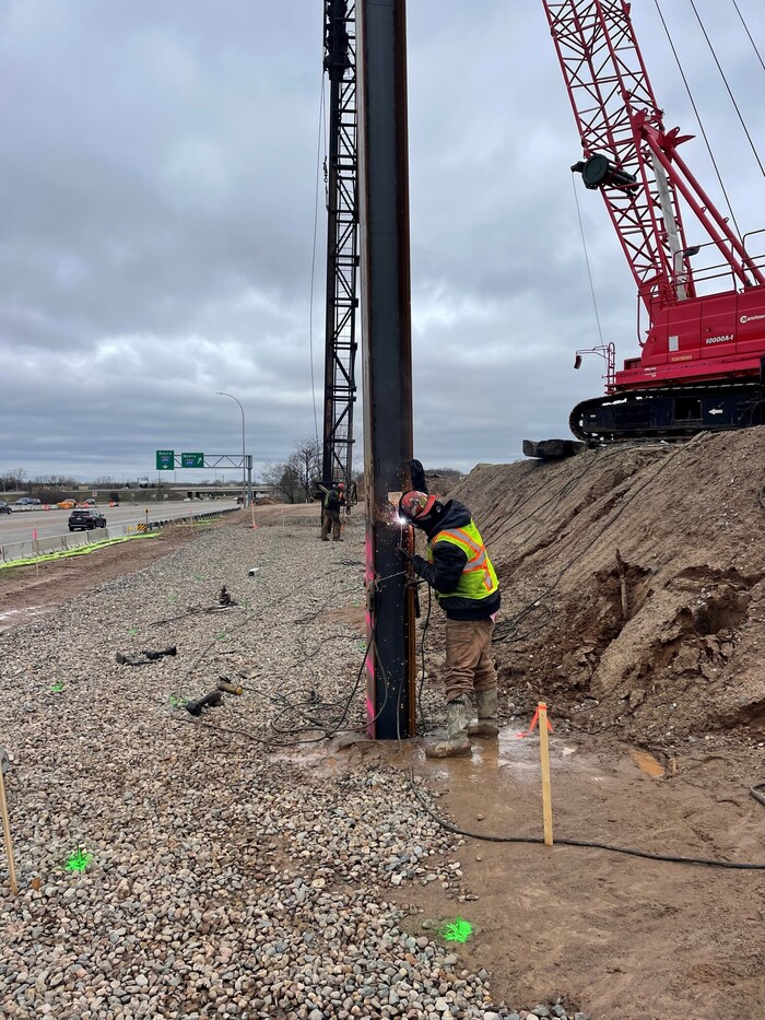 Welding on a bridge pile for the north Bielenberg Drive bridge abutment. 