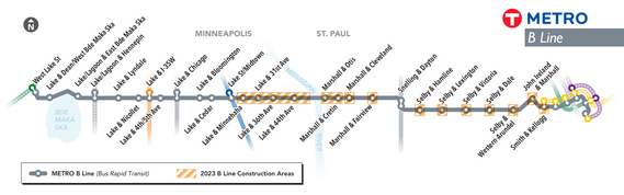 A map of the B Line route, with construction shown on all stations east of Hiawatha Avenue in Minneapolis