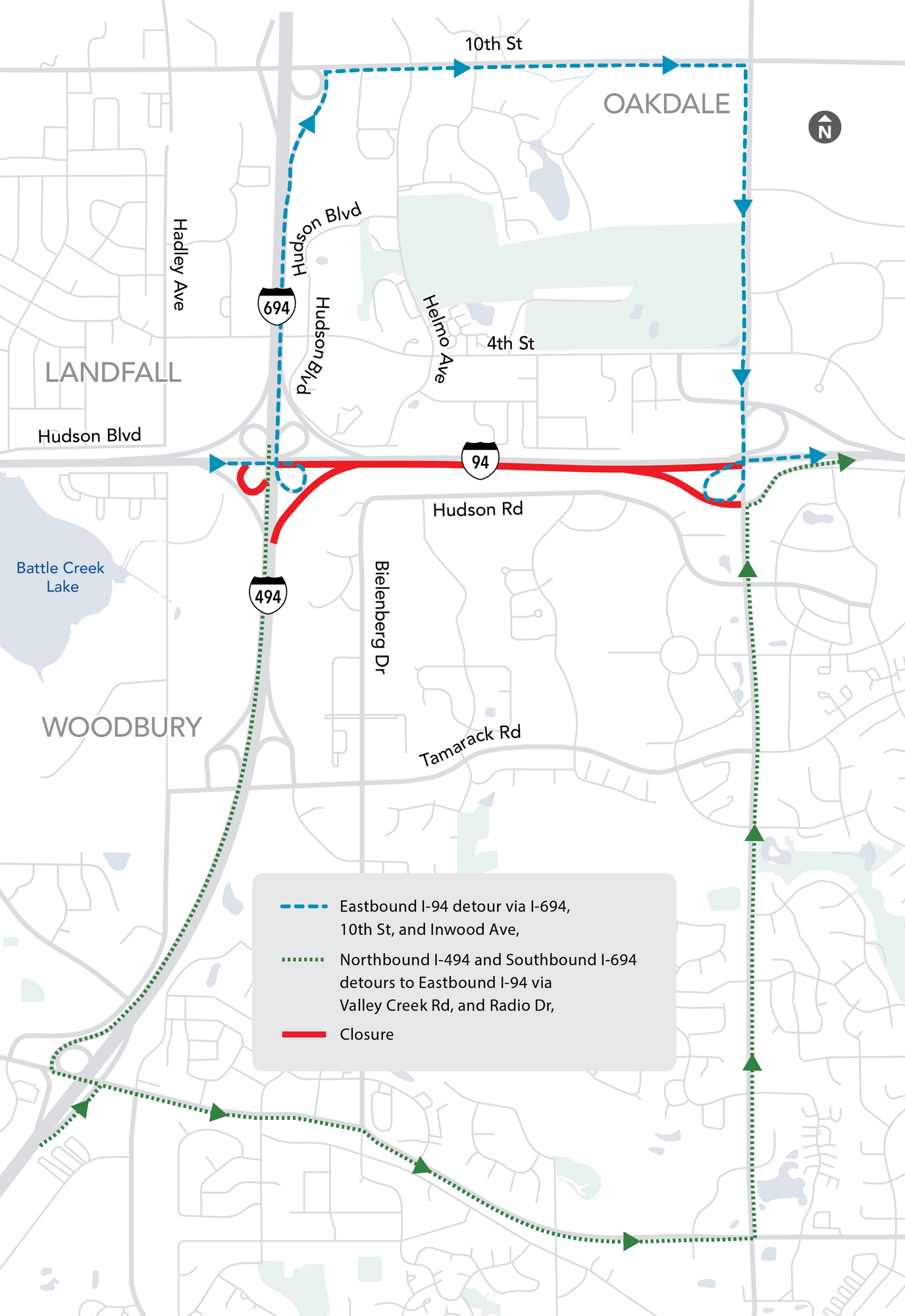 Oakdale-Landfall-Woodbury Construction Map Eastbound