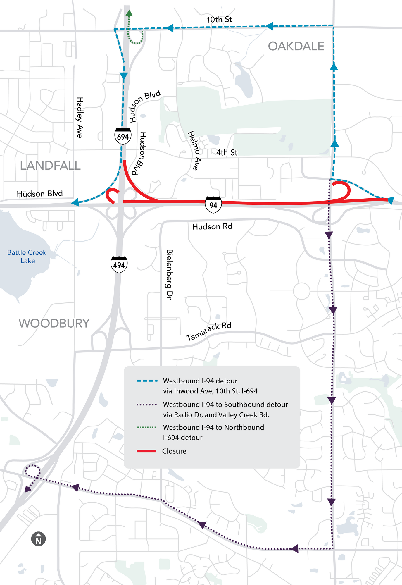 Oakdale-Landfall Construction Map Westbound