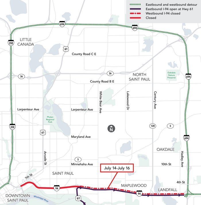 Image: Construction Detour Map for Oakdale Closure