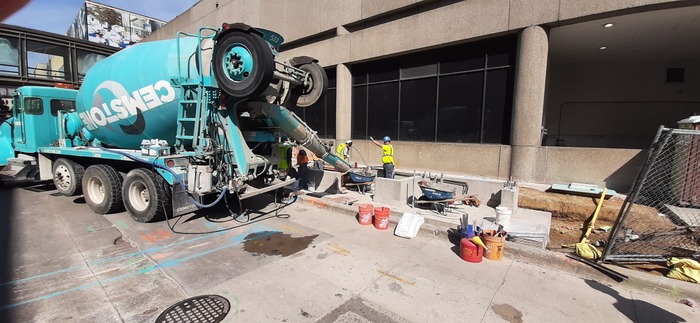 Crews pour concrete for station platform foundations at the 6th & Minnesota station platform in Downtown St. Paul. 