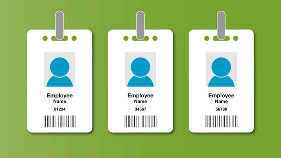 Illustration showing three employee badges together on a green background
