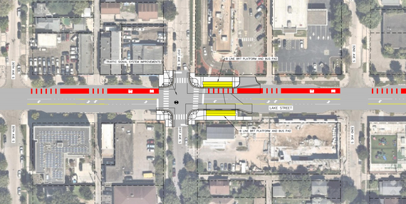 A construction rendering centered on Lake & 31st showing two driving lanes, a center turn lane, bus only lane, and BRT station