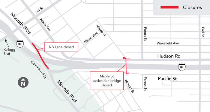 Map of Mounds Boulevard Lane Closure