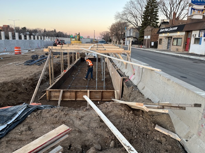 Crews construct station foundations at Earl Street in East St. Paul.   