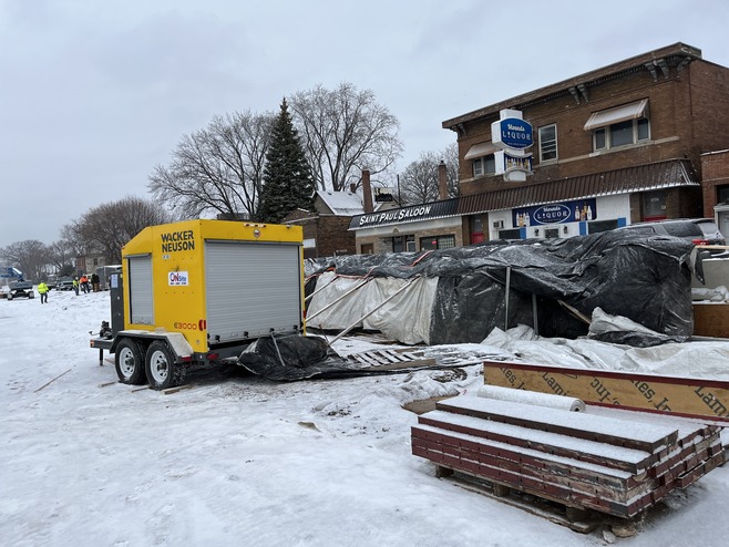 Station platform foundations for the Earl Station in East St. Paul are wrapped in tarps to help concrete cure in the cold temperatures