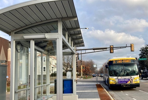A route 21 bus approaching a new B Line stop