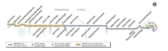 A map of the B Line route, with construction icons shown on all stations east of Hiawatha Avenue in Minneapolis