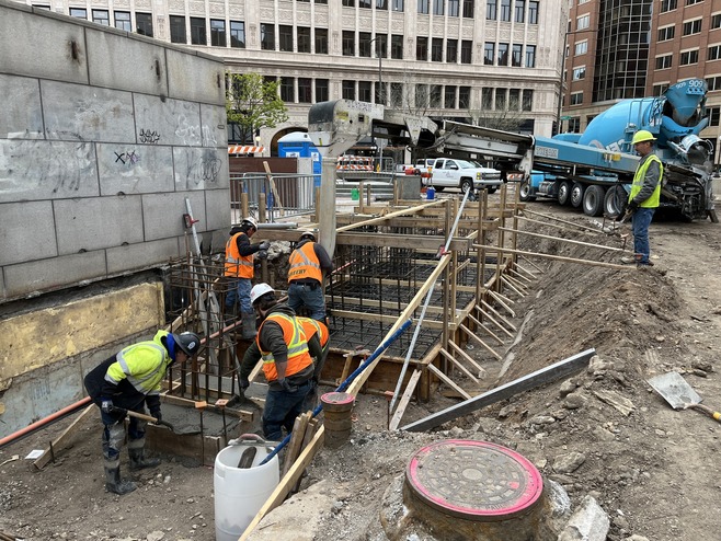Crews pour station foundations at 6th Street & Washington Street in downtown St. Paul