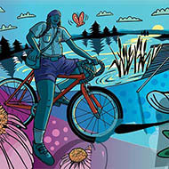 Colorful painting of woman on bicycle