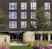 Artist's rendering of an apartment building with walkway.