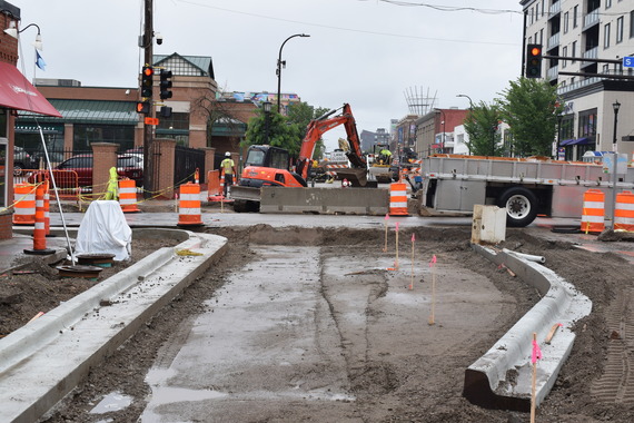 Crews are constructing corner improvements and new bikeway facilities at Lake & Humboldt