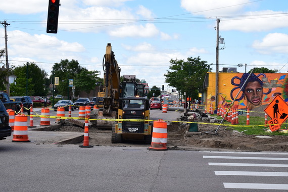 Construction crews working on Lake & Chicago's westbound stop