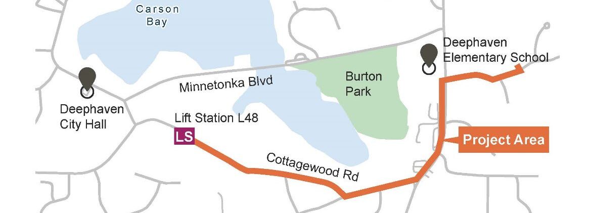 Project area map. Project area starts at Lift Stationa L48, continues east on Cottagewood Road, north on Vine Hill Road up to Ridgewood Road, east on Ridgewood Road to Wyndhill Circle, and North onto Wyndhill Circle.