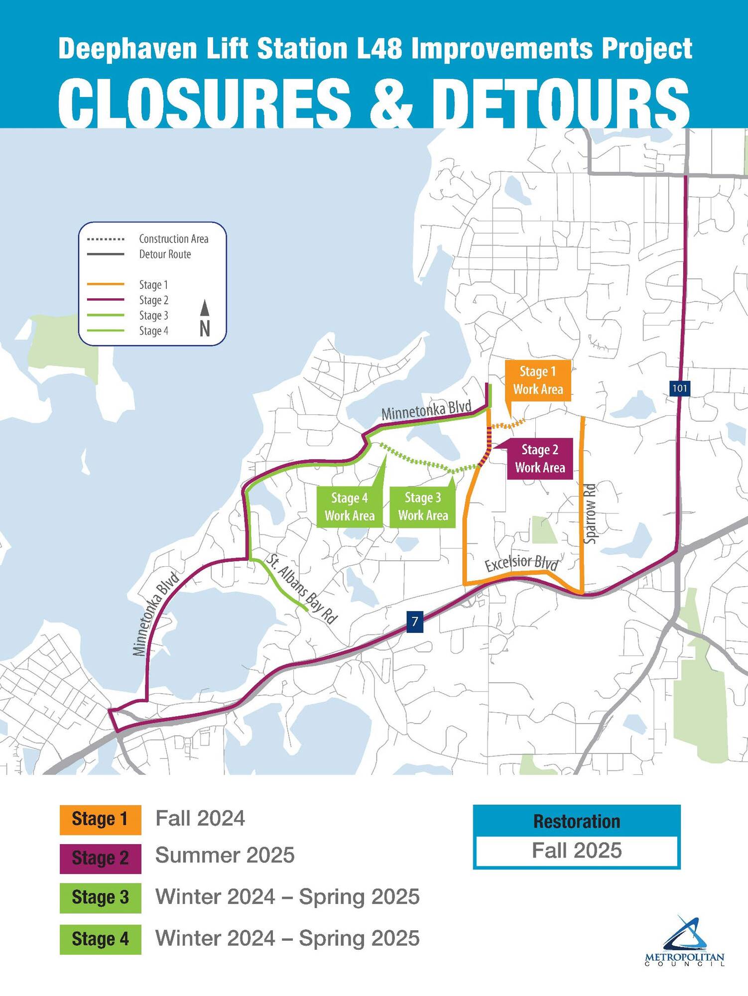 Closures and detours map. Stage 1 work area fall 2024 on Ridgewood Road from Vine Hill Road to Wyndhill Circle. Detour Road is Sparrow Road, Excelsior Boulevard, and Vine Hill Road. Stage 2 work area is Vine Hill Road from Ridgewood Road to Cottagewood Road summer 2025. Detour route is Minnetonka Boulevard, Excelsior Boulevard, 2nd Street, Mill Street, Highway 7, and Highway 101. Stage 3 and 4 work area is Cottagewood Road from Vine Hill Road to Minnetonka Boulevard winter 2024 - spring 2025. The detour route is Minnetonka Boulevard and St Albans Bay Road. Restoration will be in fall 2025. 