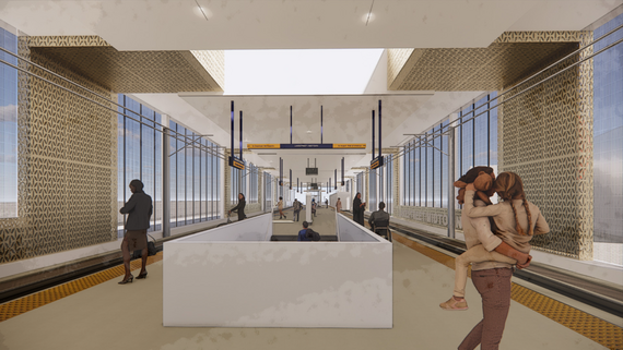 Hi-Lake station platform rendering showing an open platform with people waiting on the platform. There's a woman to the left hold a child.