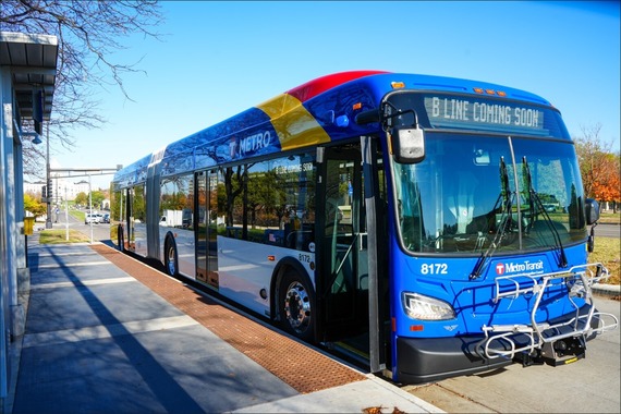 A bus at a future B Line station. B Line service will begin on June 14.