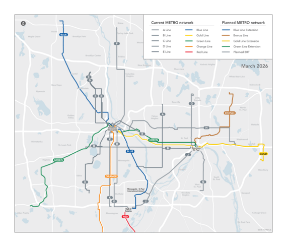 A map showing 9 Arterial BRT routes, 3 brt routes, 2 light rail lines in the Twin Cities region. 