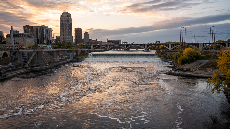 View of St. Anthony Falls at sunset.