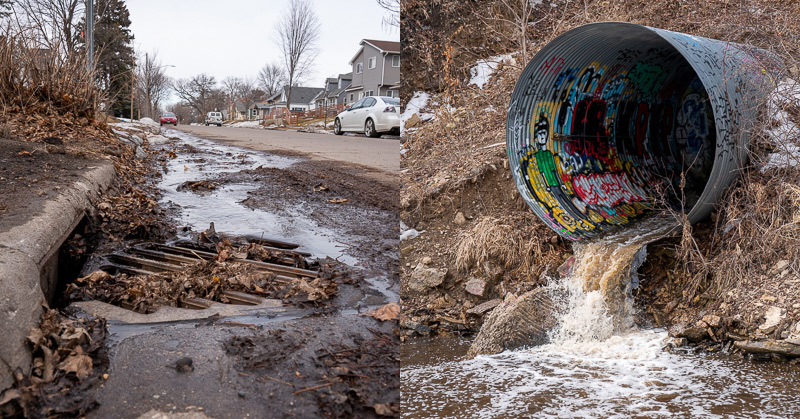 Split image of a stormdrain on the left and a stormwater outfall on the right.