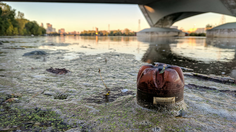 Plastic bottle floating in the Mississippi River.