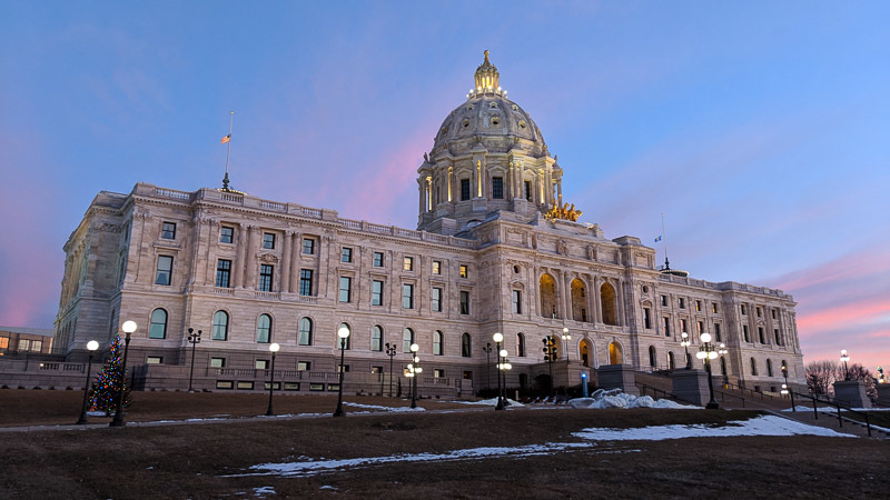 The Minnesota State Capitol building at dawn.