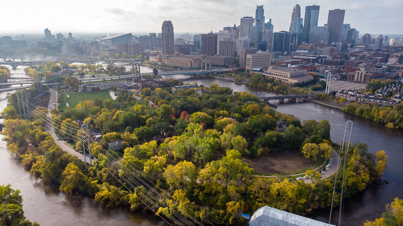 Aerial view of Nicollet Island in Minneapolis.
