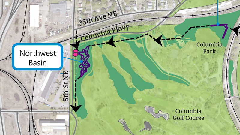 Graphic showing stormwater flow into stormwater basin at Columbia Golf Course.