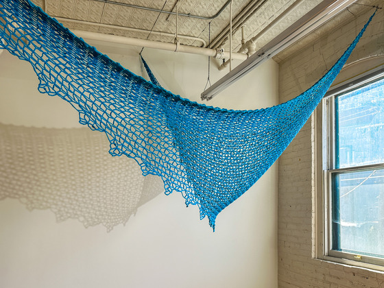 A Large suspended blue net for the Network: A River Connected exhibit