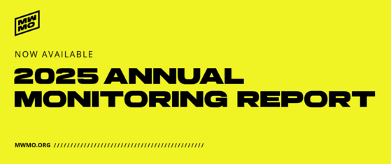 Bright yellow MWMO graphic announcing the release of the 2025 Annual Monitoring Report in bold black text.