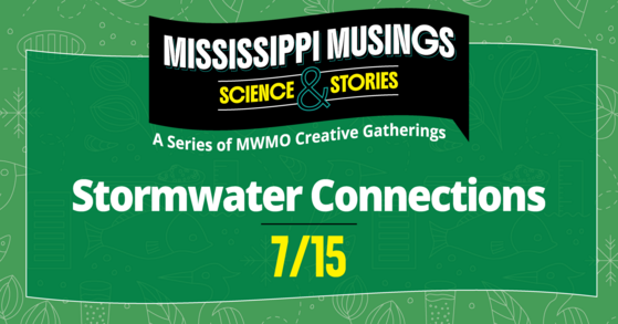 Graphic for Mississippi Musings: Stormwater Connections on July 15, featuring the event title, date, and MWMO Creative Gatherings branding.