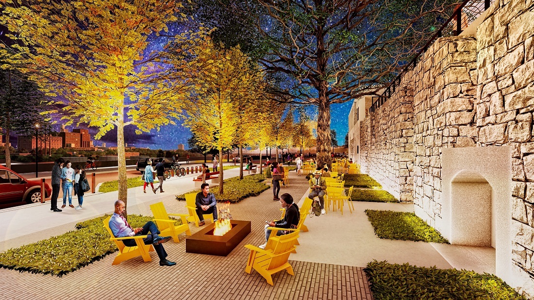 An illustration showing people in front of the Water Works pavilion at night