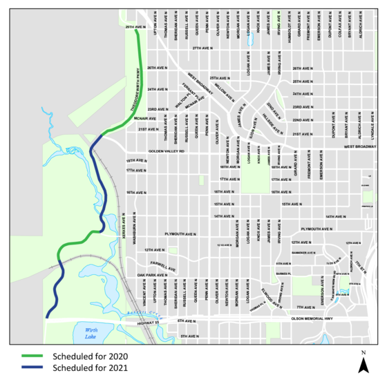 Map showing timeline for Theodore Wirth Parkway resurfacing project