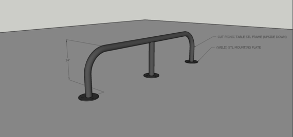 Illustration of repurposed picnic table legs used for skate park rail