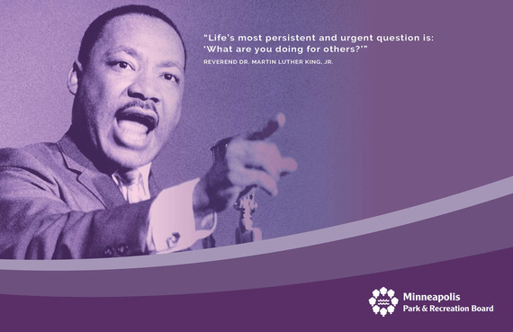 MLK Day banner photo with MLK's face, purple background and a quote "Life's most persistent and urgent question: What are you doing for others?"