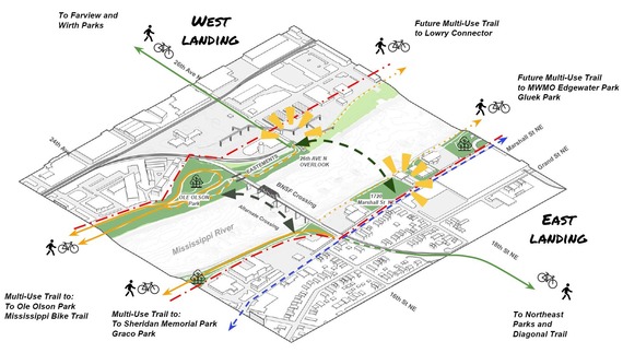 A map view of a potential recreational bridges over the Mississippi River