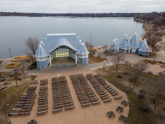 Lake Harriet Bandshell in March 2024 following a repair project. The Bandshell building is now blue with white trim.