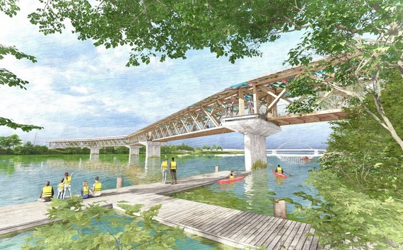 An illustration showing a potential trail bridge across the Mississippi River. Perspective is from the riverbank look east.