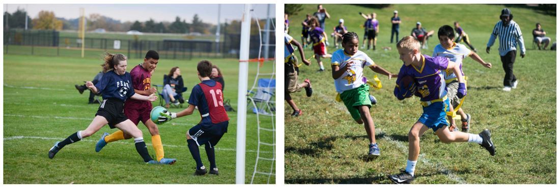 two pictures side-by-side, youth soccer (left) youth flag football (right)