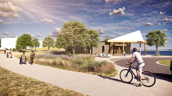 An illustration showing what the relocated Bde Maka Ska Boat Launch and new Minneapolis Sailing Center could look like from a lakeside trail