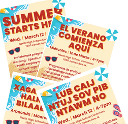 Summer starts here - multilingual flyers montage